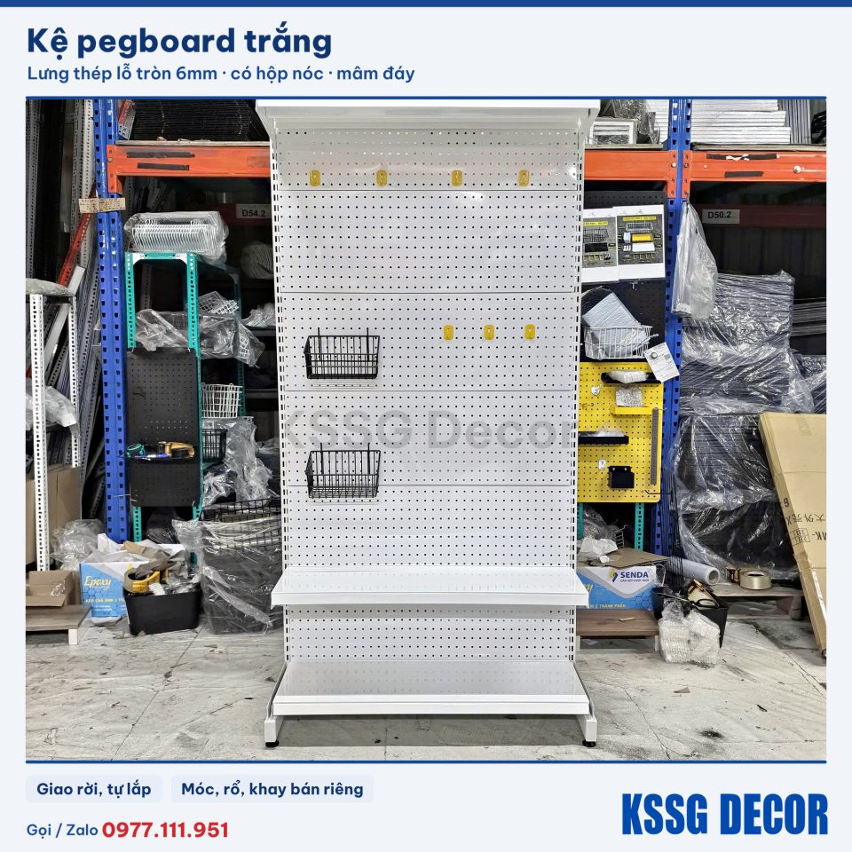 Kệ pegboard - D120cm x C150cm x 3 tầng (1 Đáy + 2 tầng - Full lưng) - Trắng