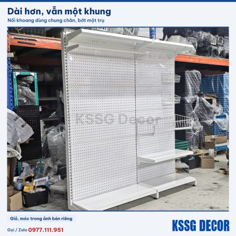 Kệ pegboard 120×180cm 5 tầng màu trắng, nhìn nghiêng