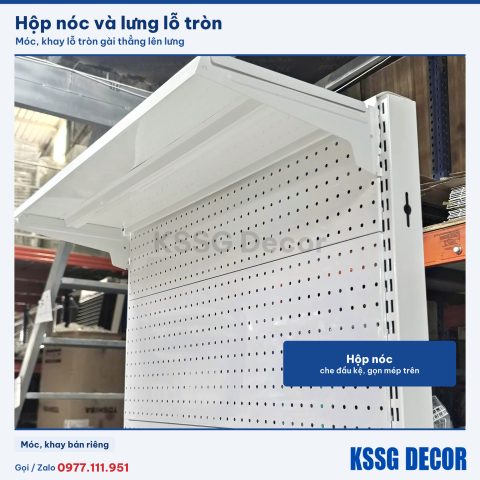 Kệ pegboard 90×180cm 2 tầng màu trắng, hộp nóc trên cùng