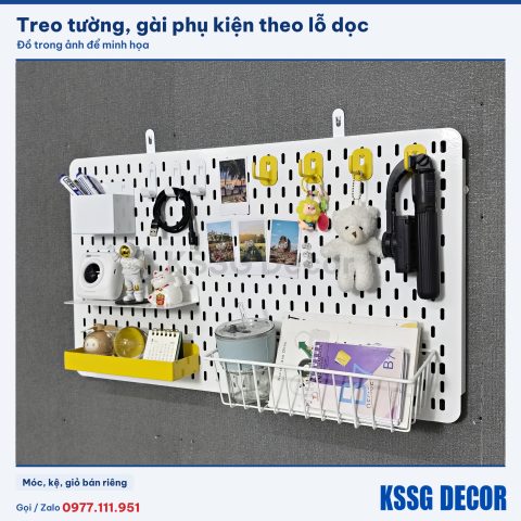 Tấm pegboard lỗ dọc 60×40cm màu trắng nhìn nghiêng