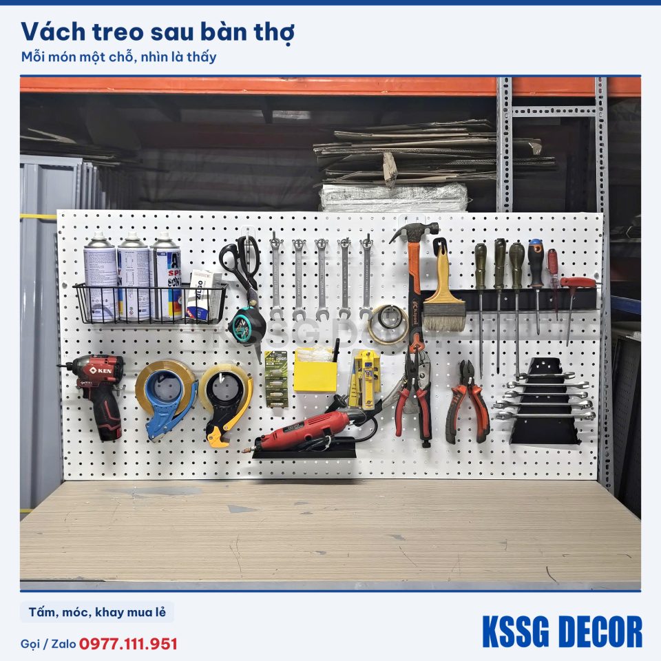 Bảng treo dụng cụ pegboard gắn sau bàn thợ, treo cờ lê, tua vít, kìm, búa