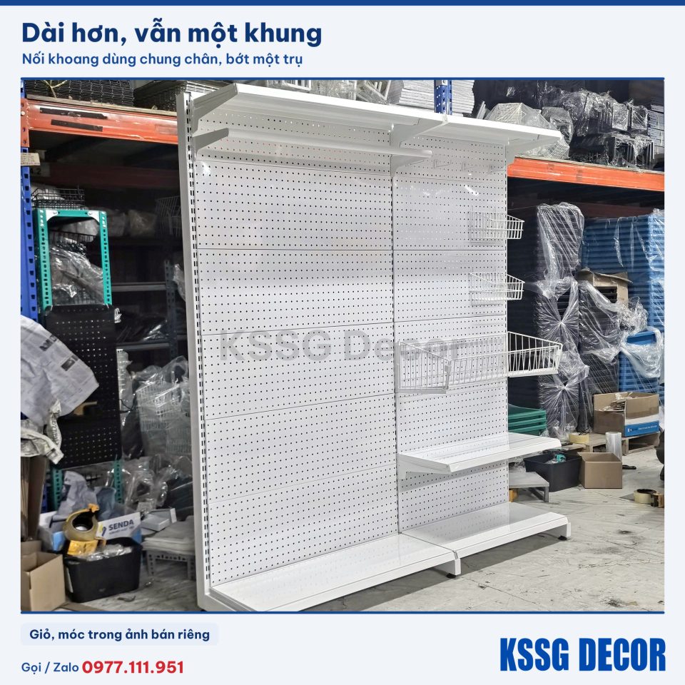 Kệ pegboard đứng sàn hai khoang màu trắng dùng chung chân giữa