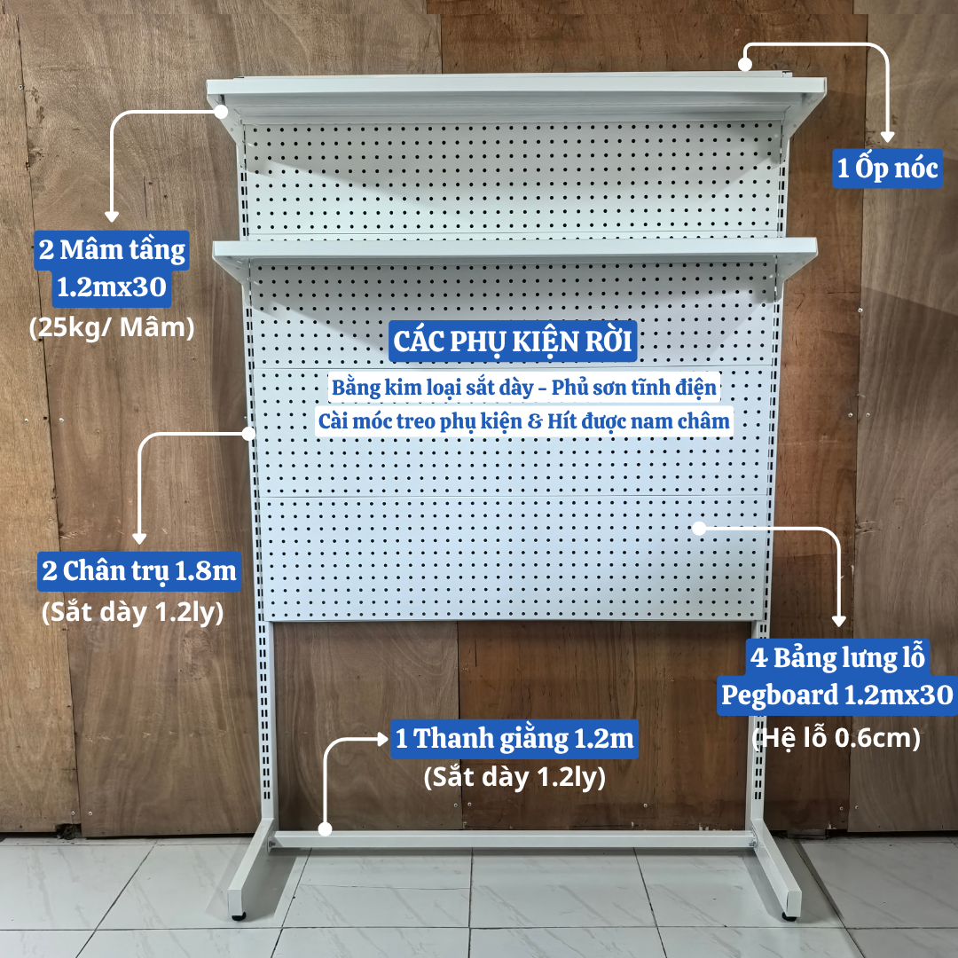 Kệ Pegboard Chân Đứng Cao 1.8m x 1.2m Kệ Pegboard áp tường làm bàn học